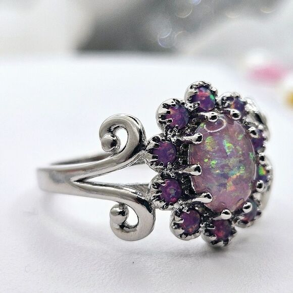 Lavender Purple Fire Opal Cabochon Ring on 925 Silver - Women's Je… - Picture 5 of 8